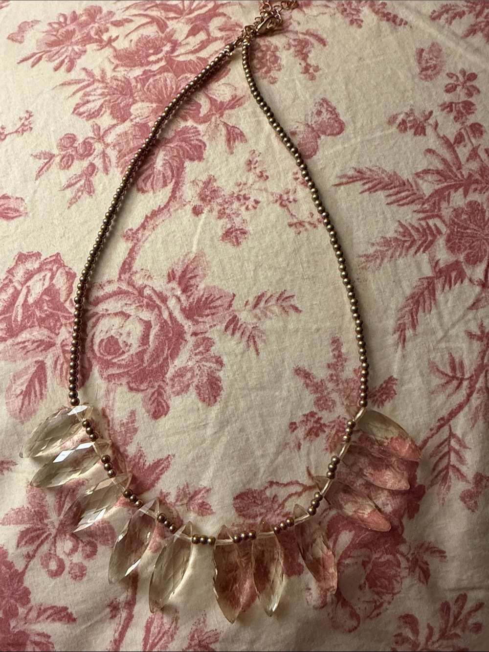 Gold Bead Necklace with Clear and Blush Crystal Drops